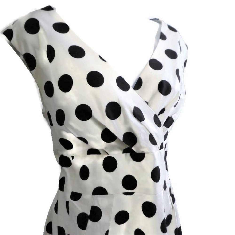 Helene Berman London White Dress Black Large Polka Dot Faux Wrap Zip Back Lined